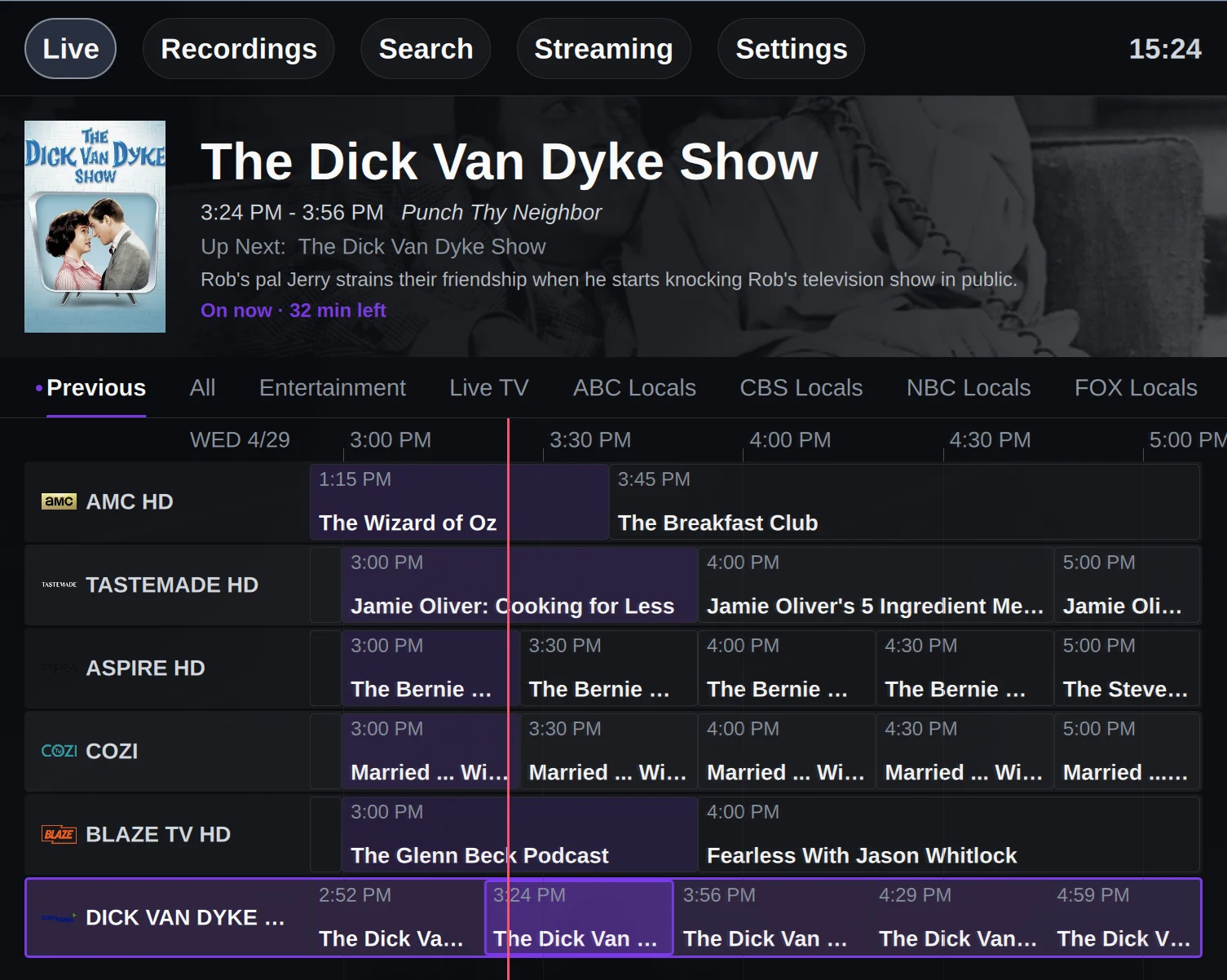 Loungr live TV guide showing channels, program times, and the current show.